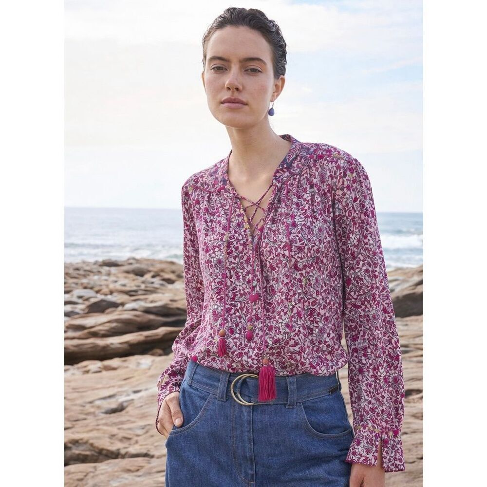 Megan Park Silk Cotton Floral Paisley Print Blouse Purple Pink – Size 2 US 8